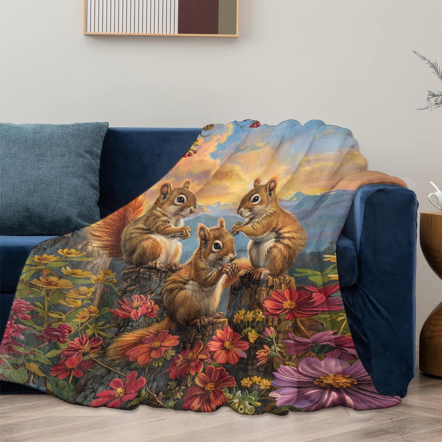Squirrel Flower Blanket Gifts for Women Adults, Soft Warm Lightweight Flannel Throw Blankets for Camping Bedroom Living Room Home Sofa Travel Decor 50" x 60"