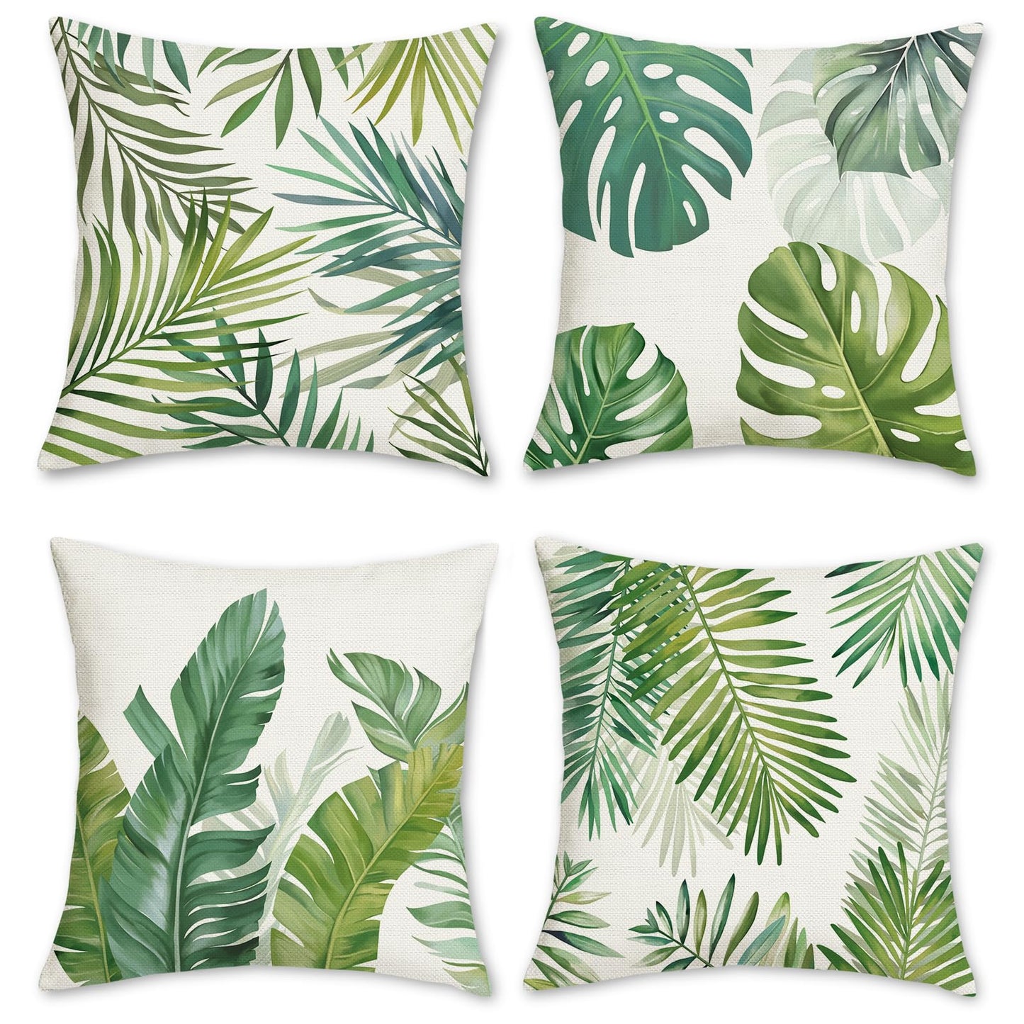 Bonhause Tropical Leaves Throw Pillow Covers 18 x 18 Inch Green Palm Leaf Decorative Pillows Polyester Linen Cushion Cases for Couch Sofa Bed Home Decor Set of 4