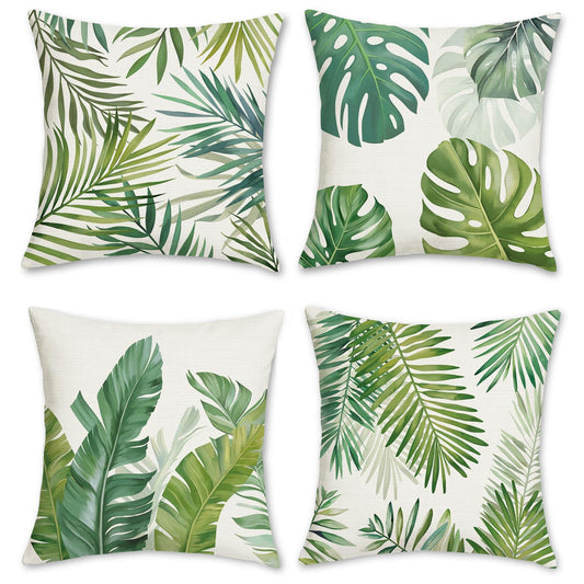 Bonhause Tropical Leaves Throw Pillow Covers 18 x 18 Inch Green Palm Leaf Decorative Pillows Polyester Linen Cushion Cases for Couch Sofa Bed Home Decor Set of 4