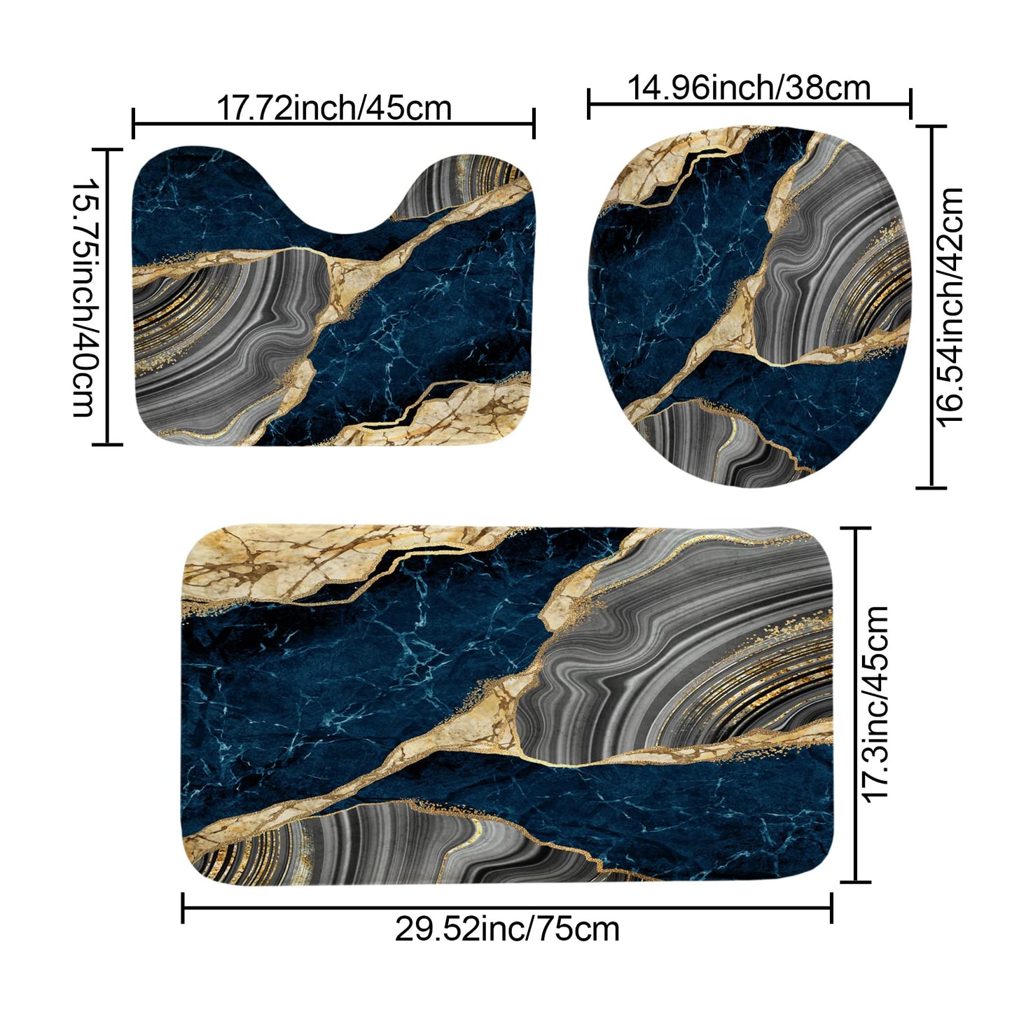 4Pcs Marble Shower Curtain Sets, Bathroom Decor Sets, Luxury Shower Curtain with 12 Hooks, Bath Mat, Toilet Lid Rug and Non-Slip U Shape Mat Accessories Marble Print, 72 x 72 Inch, Navy Blue