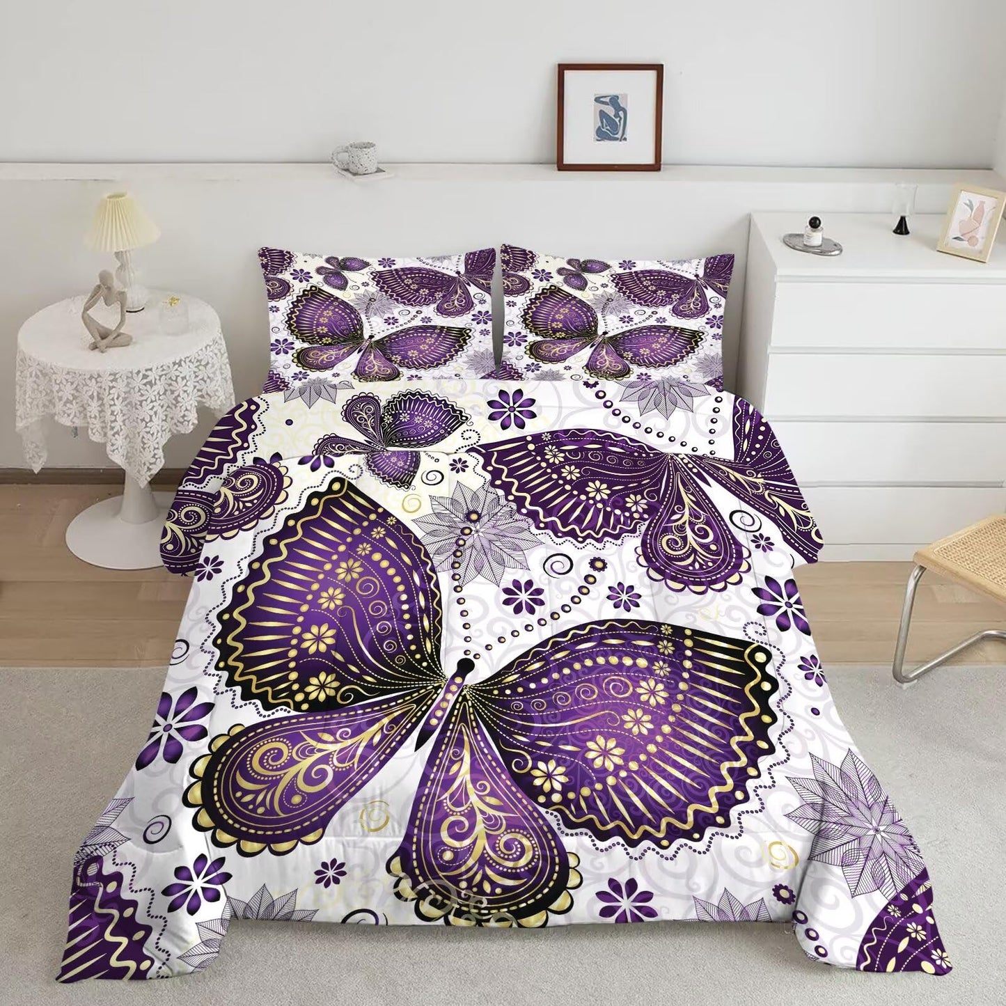 DJNEAR Butterfly Comforter Set Twin Size Purple Gold Paisley Bedding Sets for Girls Kids Teen Women Bedroom Animal Quilt Room Decor 1 Comforter 1 Pillowcase