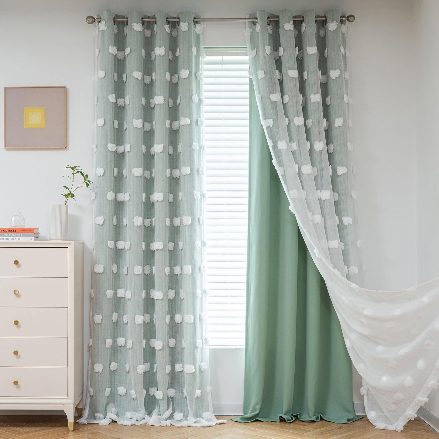 MYSKY HOME Aqua Living Room Curtains Kids Curtains for Boys Bedroom 84 Inches Long Double Layer Curtains for Kids Room Darkening Grommet White Pom Pom Sheer Blackout Curtains 52 x 84 Inch 2 Panels