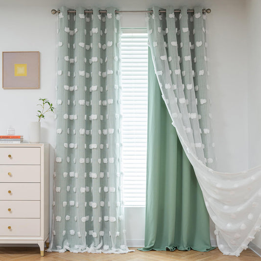 MYSKY HOME Aqua Living Room Curtains Kids Curtains for Boys Bedroom 84 Inches Long Double Layer Curtains for Kids Room Darkening Grommet White Pom Pom Sheer Blackout Curtains 52 x 84 Inch 2 Panels