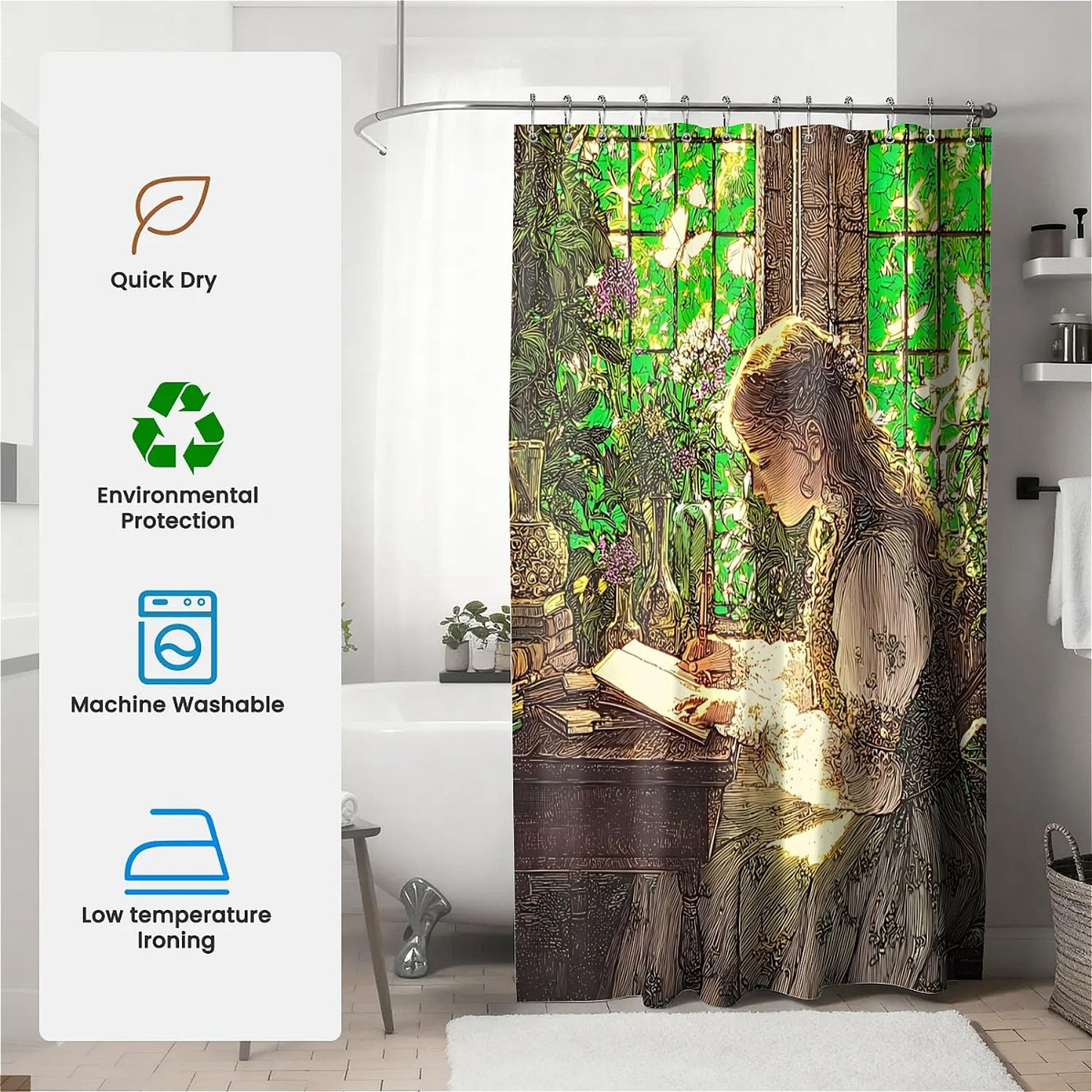TANGXUNFA Reading Girl Shower Curtain for Bathroom, Water-Resistant Long Shower Curtain Set 72x72 Inch with Metal Grommets and 12 Metal Hooks