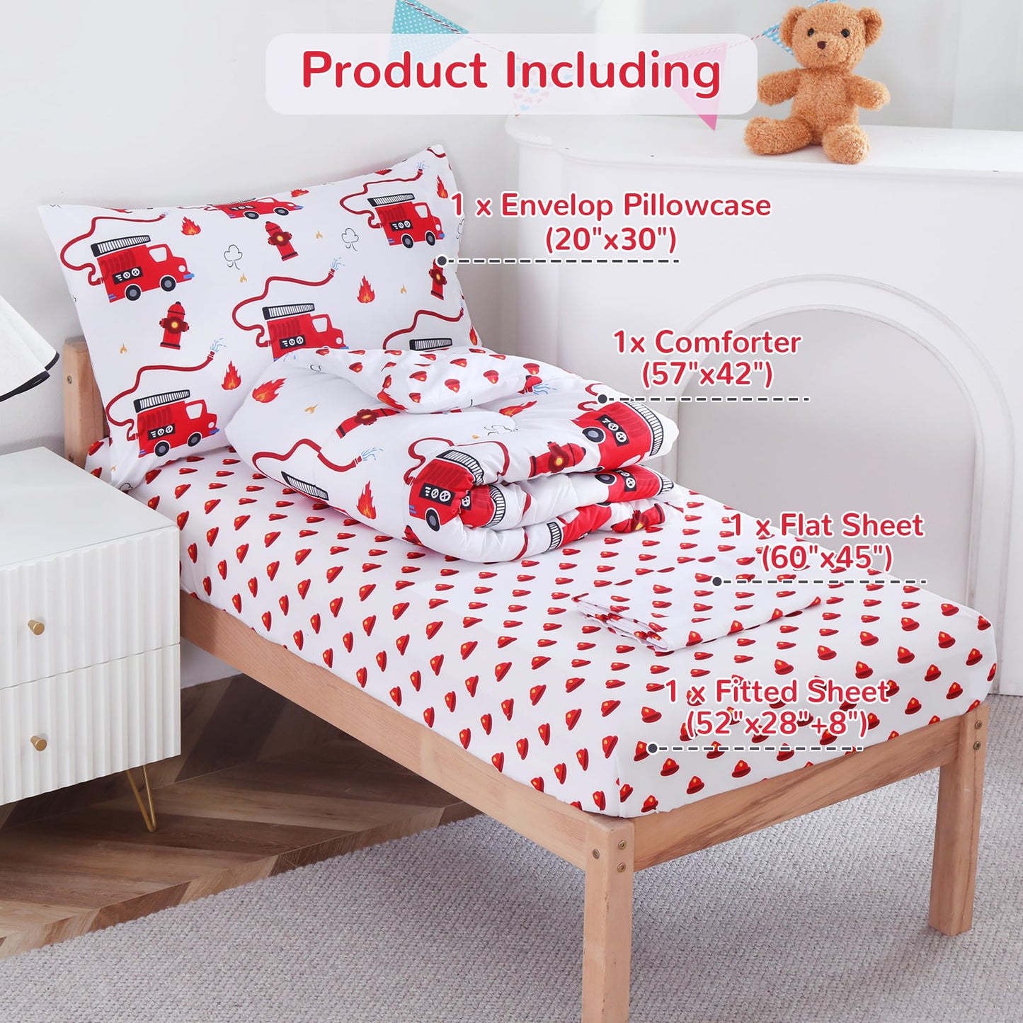 Viviland Fire Truck Toddler Comforter Sets, Cute Boys Girls Toddler Bedding Set, Soft Microfiber Fire Engine Toddler Bed Set