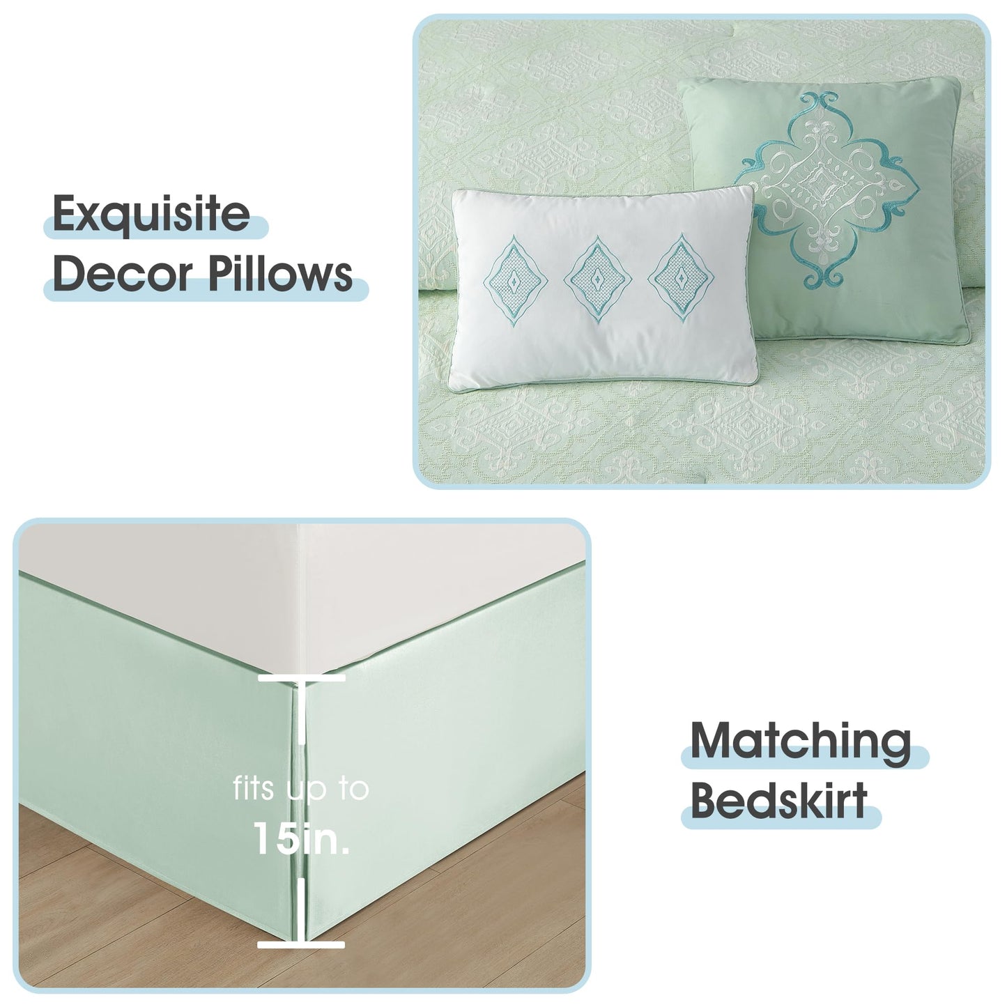 LANCO MODERN LIFESTYLE Sage Queen Comforter Set, Cotton Fabric, Luxury and Comfortable for All Seasons, 6 Pieces Bedding Set with Pillow Shams, Decorative Pillows and Bedskirt