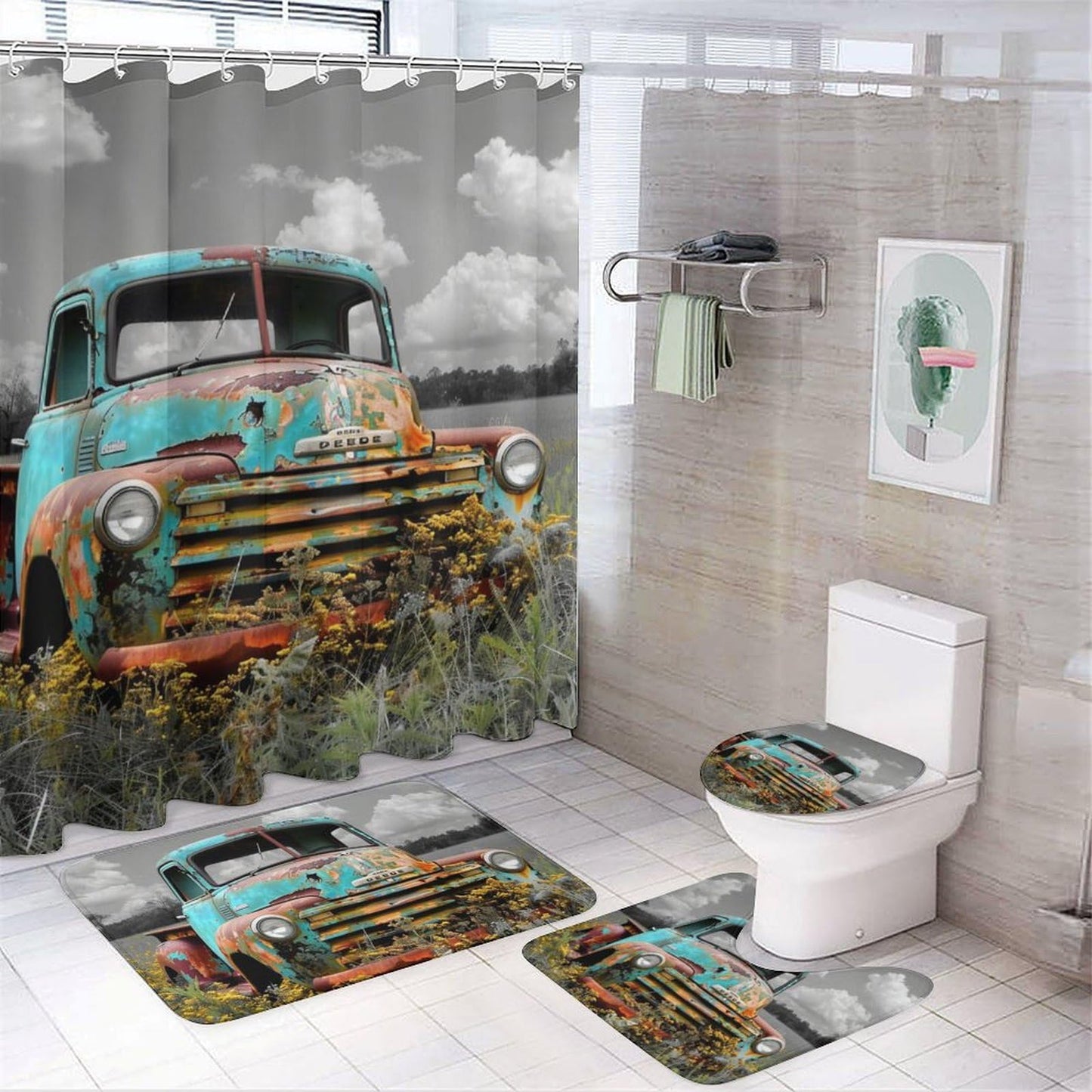 FOCCAFB 4 Piece Abstract Old Truck Shower Curtain Set with Rugs, Vintage Country Field Green Car Include Bathroom Non-Slip Floor Mat, U-Shaped Bath Rug and Toilet Cover Lid with 12 Hooks