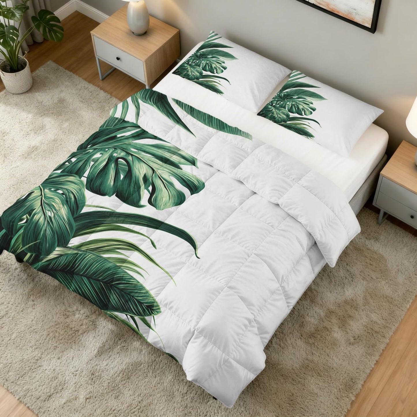 Monstera Leaf Comforter Set King Size 3Pc, Tropical Green Leaves Pattern Down Alternative Bed Comforter, 2 Pillow Shams, Soft All Season Bedding, Monstera Leaf Bedroom Decor AF2450