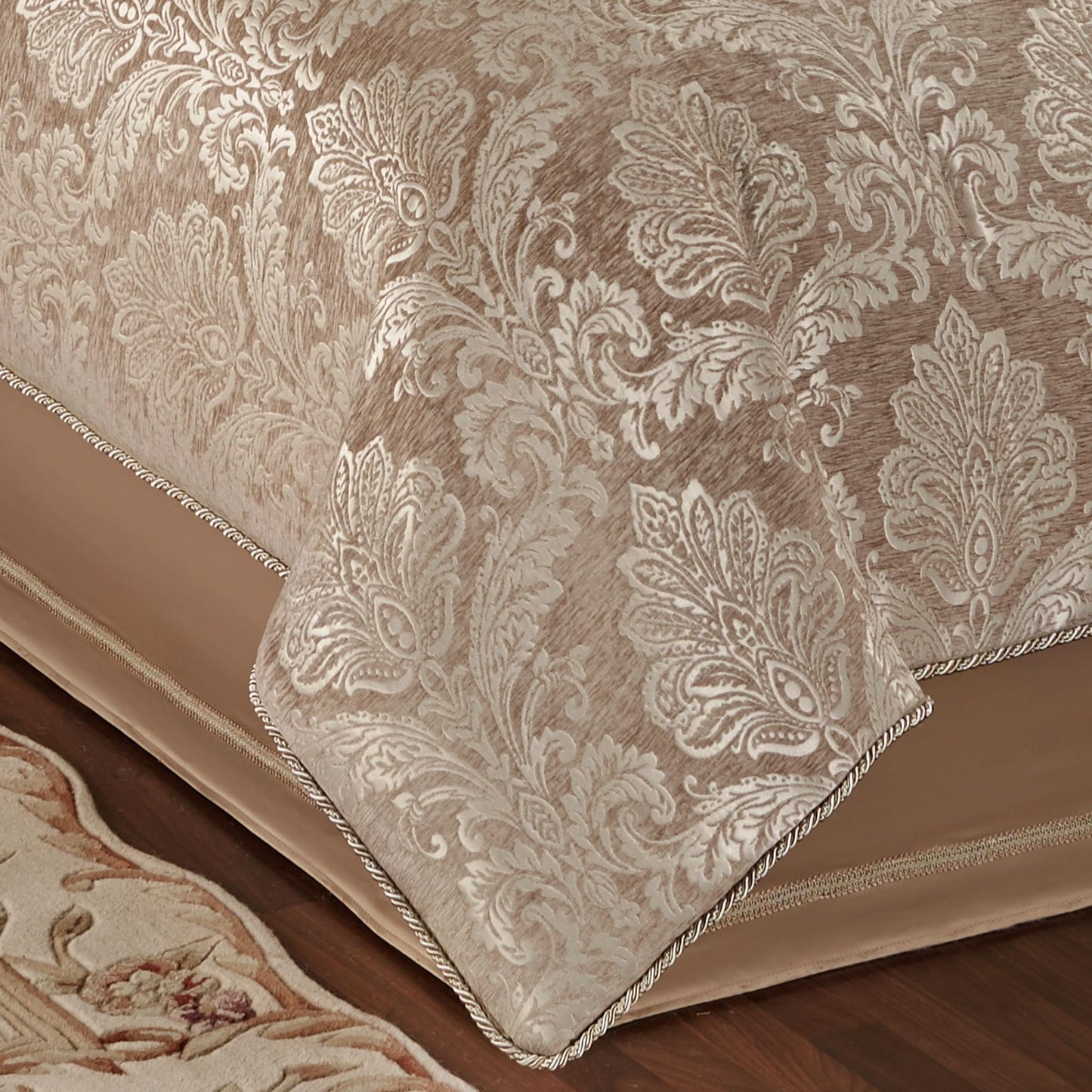 Touch of Class Camelot Luxury Bedding | Neutral Almond | Matte Satin Damask on Richly Textured Jacquard-Woven Chenille Design | 4 Piece Set Includes Queen Comforter, Bedskirt, and 2 Standard Shams