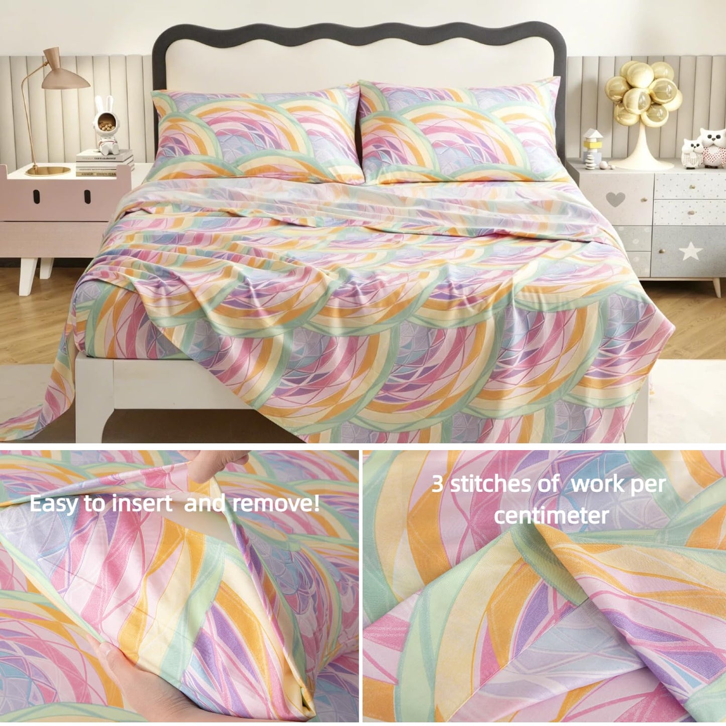 SDY 4 Pieces Rainbow Bed Sheet Set Queen, Super Colorful Mermaid Bed Sheets Set for Girls, Boys, Kids and Toddler, Bed in A Bag Packaged with 1 Fitted Sheet+ 1 Top Flat Sheet + 2 Pillowcases