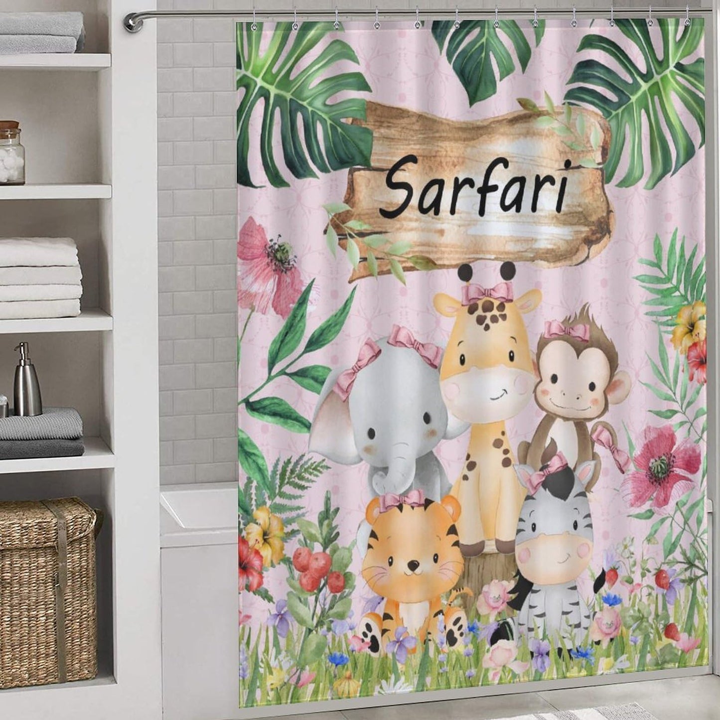 TKUYO Kids Safari Animals Shower Curtain, Cartoon Giraffe Elephant Monkey Woodland Jungle Tropical Leaf Pink Waterproof Fabric Bathroom for Baby Kids Shower Curtain Set with Hooks, 72"x72" Inch
