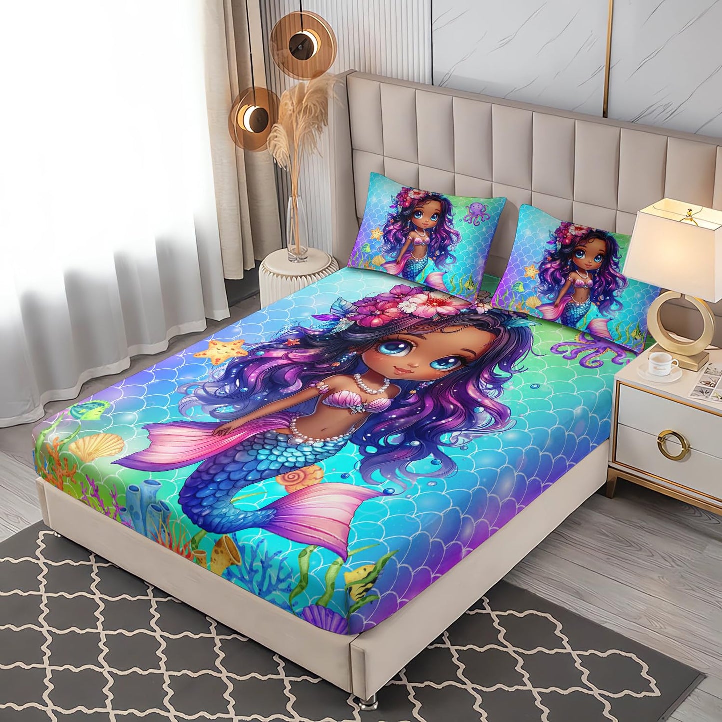 UEVBF Kids Cute Mermaid Fitted Sheet Set Full Size,Black Little Girls Pattern Bedding for Kids Girls Bedroom,Mermaid Scale Seaweed Bedding Sets,1 Fitted Sheet+2 Pillowcases.