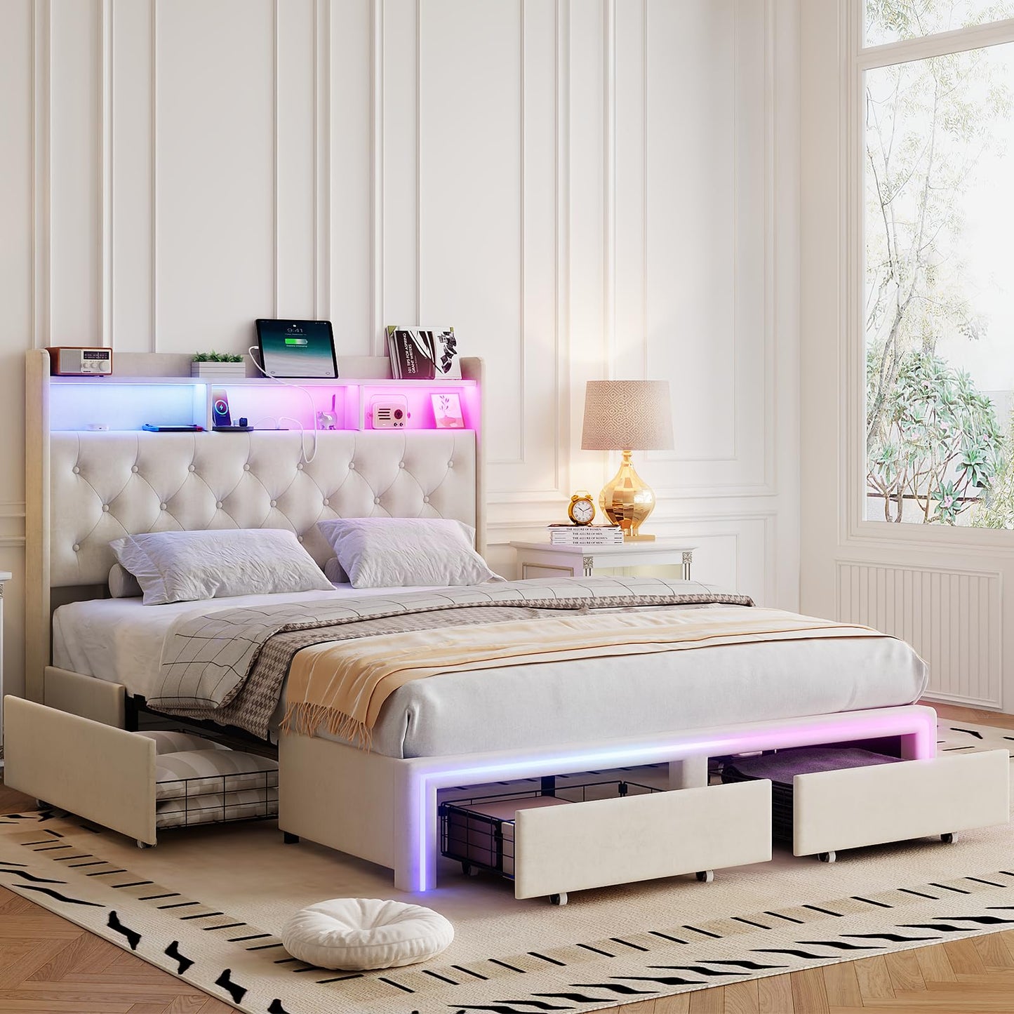 VINTLJUS Full LED Bed Frame with Storage Headboard & Charging Station, Velvet Fabric Platform Bed Frames with 4 Drawers, Button Tufted Upholstered, No Box Spring Needed, Noise Free, Beige