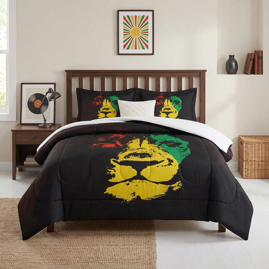Pamnest Comforter Set Queen Size, Lion African Yellow Soft 3 Pcs Bedding for Kids and Adults, Green Red Black Rasta Comforter Set with Pillowcase, for Bedroom Bed Decor