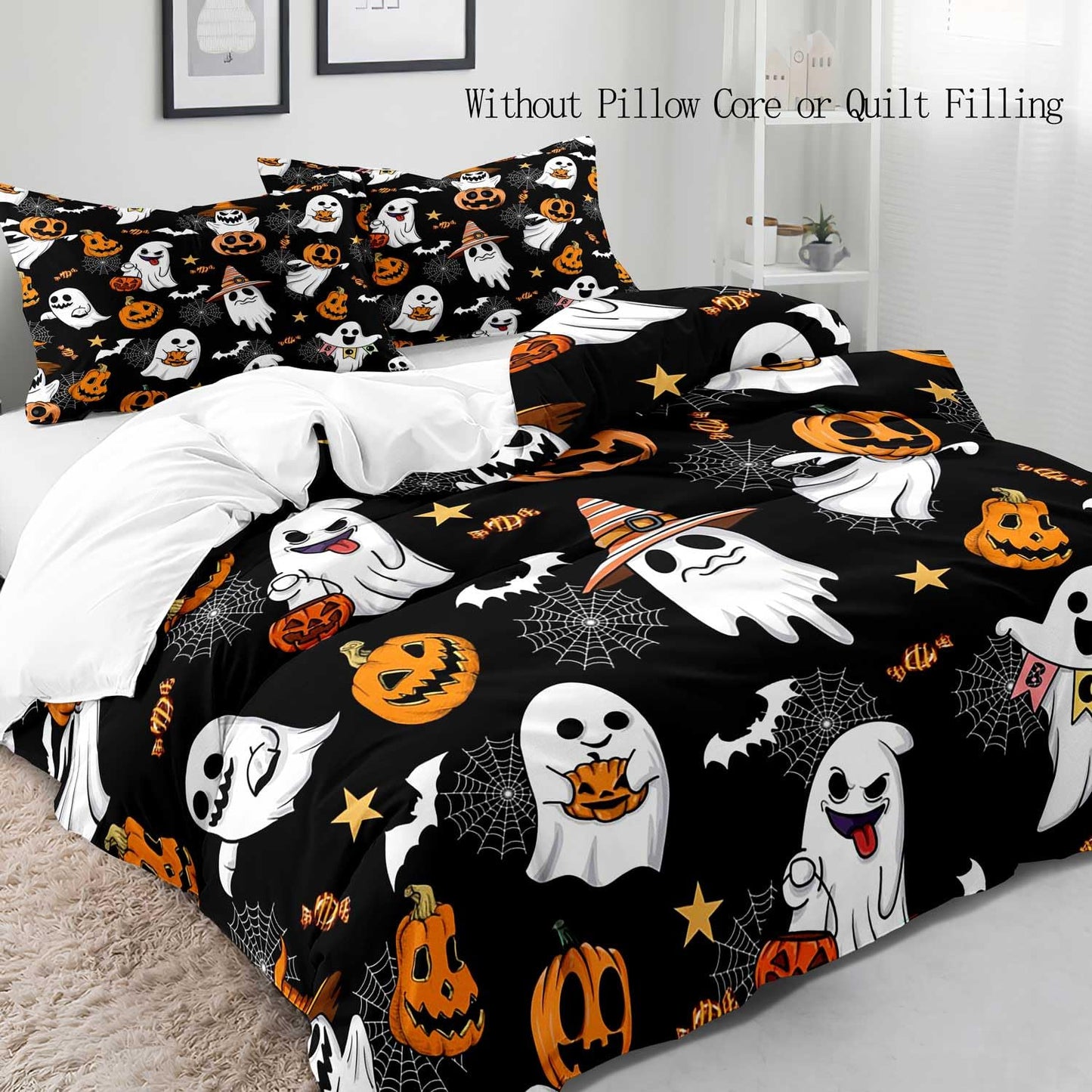 LUVIVIHOME 3PCS Funny Ghost Duvet Cover Queen Bedding Sets, Black Duvet Cover, Teens Boys Girls Kids Bedding, Spooky Witchy Horror Pumpkin Bat Cobweb Festival Halloween Comforter Cover, 2 Pillow Cases