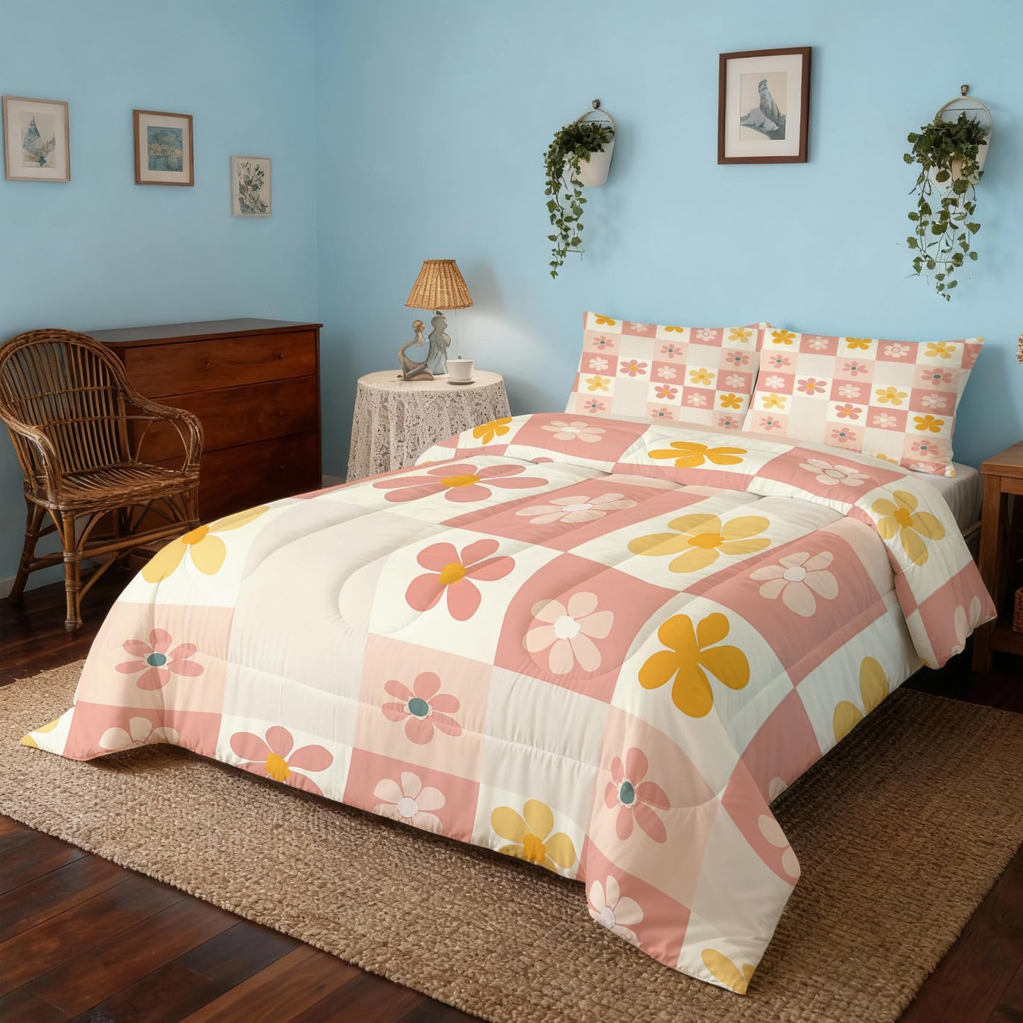 TANCAPRIUM Retro Floral Comforter Set Twin - 70s Flower Bedding Set & 2 Pilow Cases for All Season - Soft Reversible Down Alternative 3 Piece. Retro Bedrom Decor