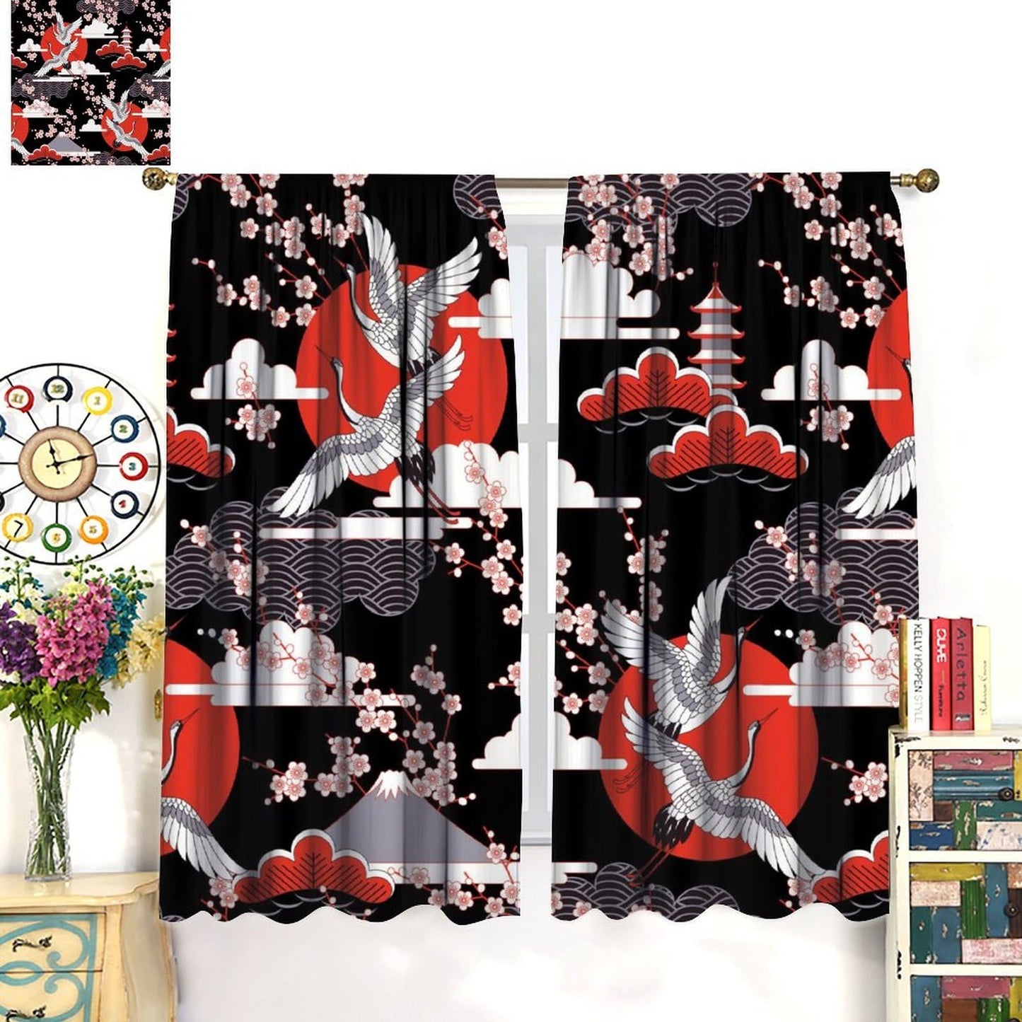 Mchenxin Japanese Crane Bird Curtains, Oriental Traditional Pink Cherry Blossoms Flower Retro Line Geometric Art Window Curtains for Kitchen Bedroom Living Room, 42x45in (No Blackout)