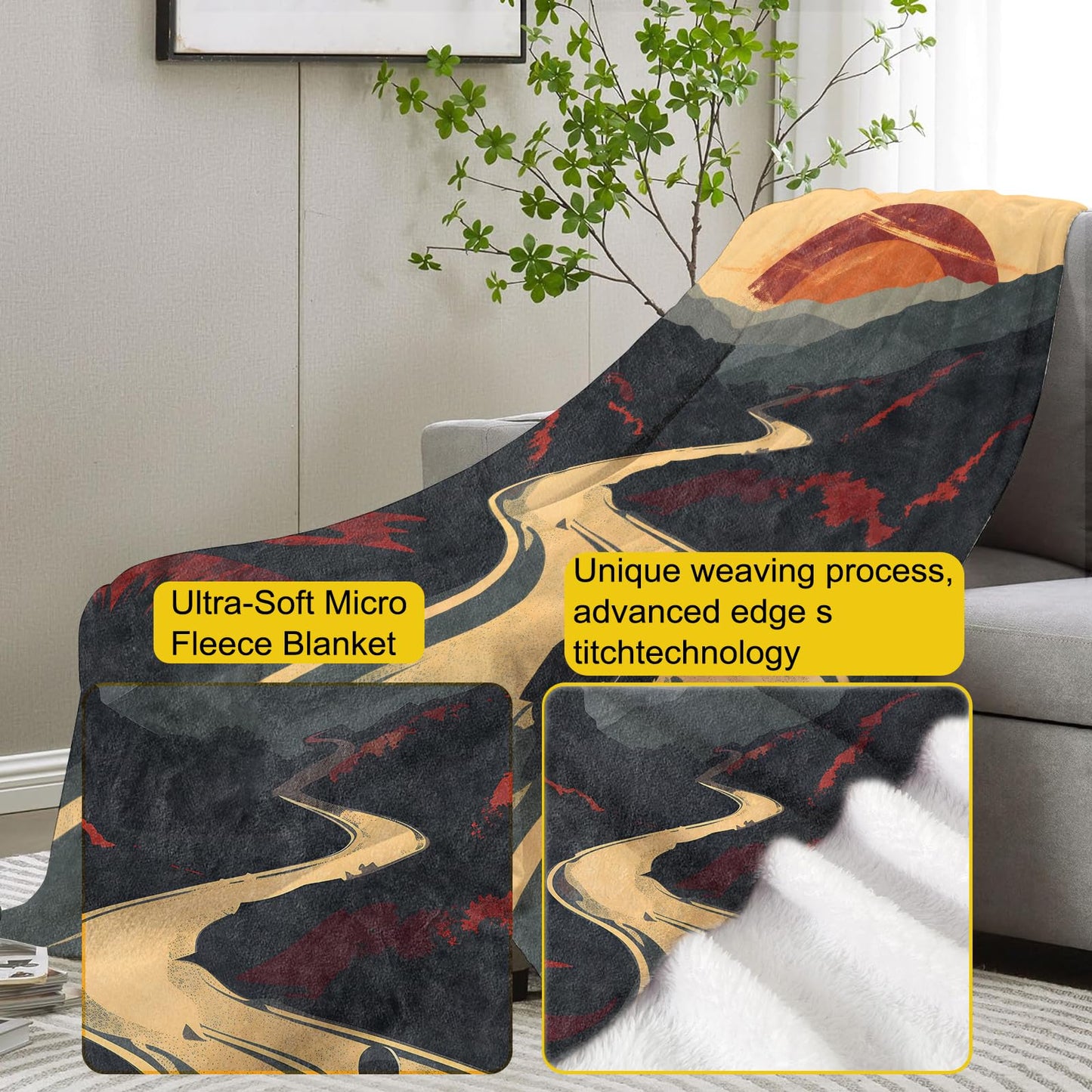 VANZEV Sunset Motorcycle Journey Blanket Gifts for Women, Adventure Road Trip Theme Flannel Blanket, Soft Warm Lightweight Throw Blankets for Bedding Sofa Couch Home Travel Decor 50" x 60"