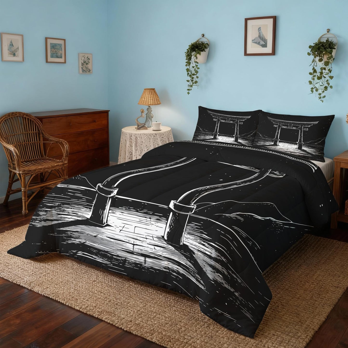 ZDABAOEC Japanese Twin Comforter Set 2 Piece, 1 Pillow Sham, Oriental Asian Japan Torii Gate Reversible Down Alternative All Season Bedding, Soft Microfiber, Japanese Bedroom Decor