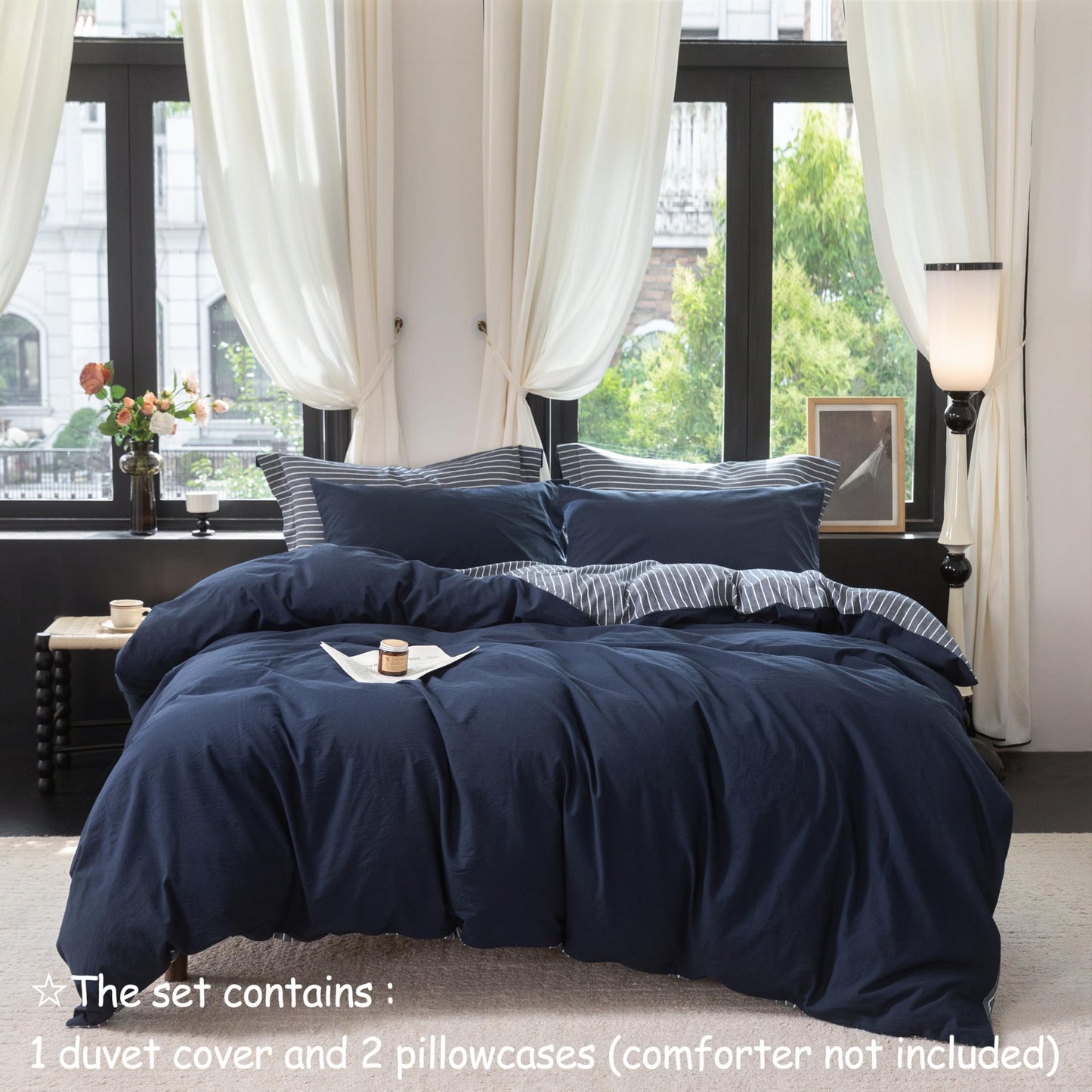 Warm Moment Reversible Duvet Cover Set 100% Washed Cotton Blue Stripe Linen Feel Duvet Cover Queen Size with Zipper Closure & 2 Pillow Shams,Navy/White Stripe Reverse Solid Navy