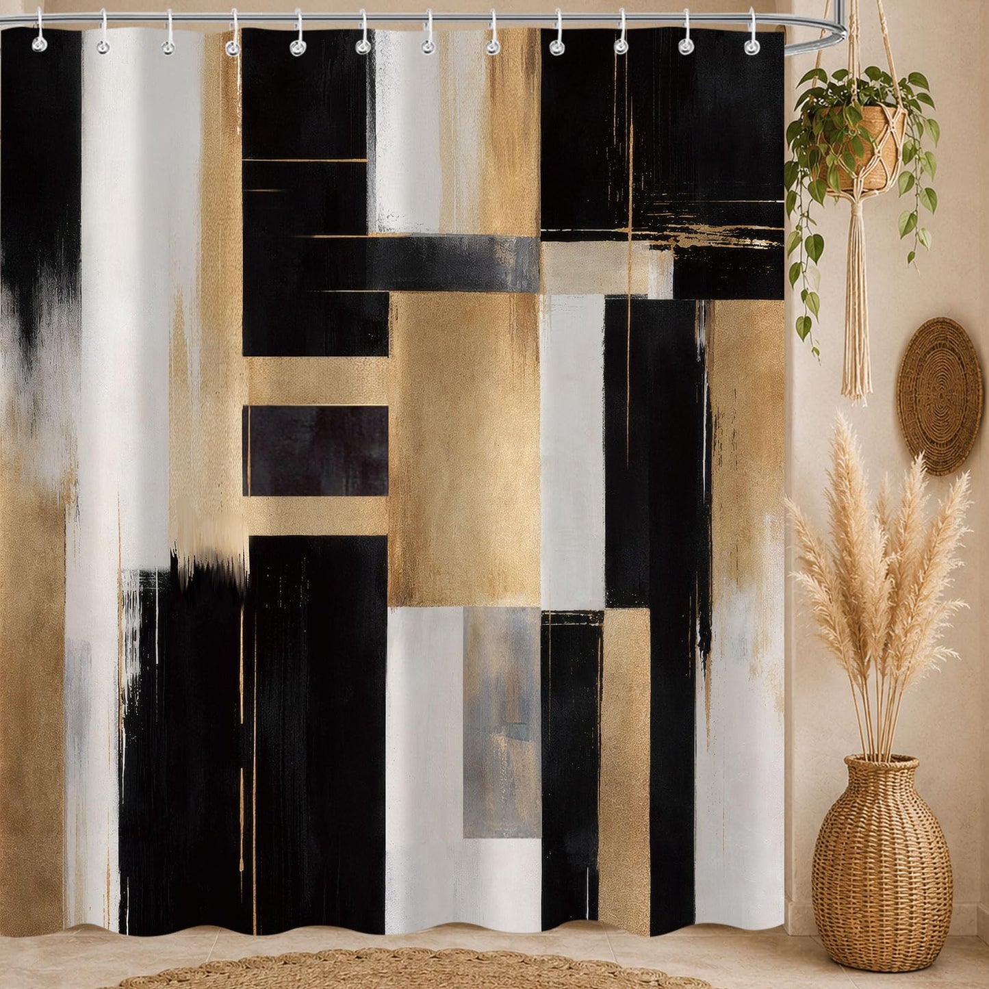 Emwnodti Black Gold Abstract Shower Curtain, Boho Modern Aesthetic Bathroom Decor with 12 Hooks, Waterproof Polyester Fabric Bath Curtain, 72x72 Inch