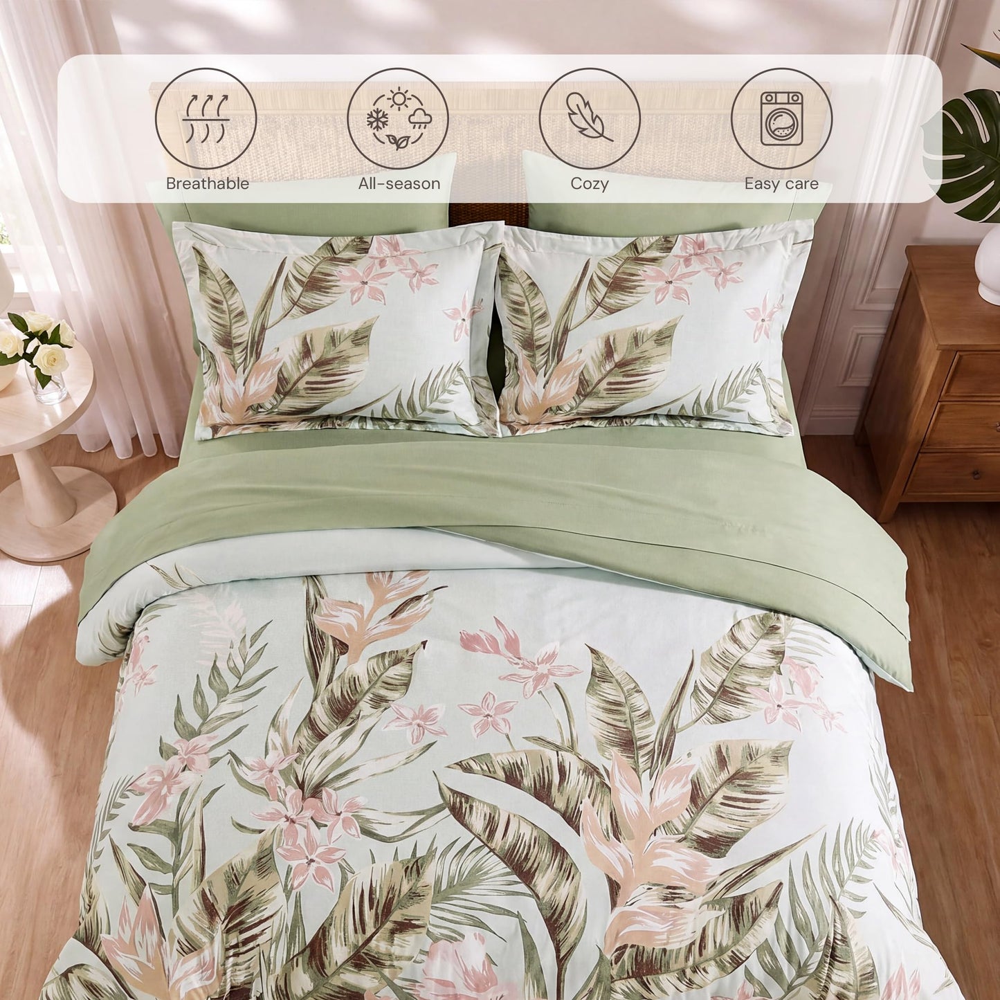 BLOOMHAVEN Queen Comforter Set -7 Pieces Palm Leaf Bedding Set for All Seasons, Bed in a Bag with Tropical Flowers Comforter, Sheets, Pillowcases & Shams