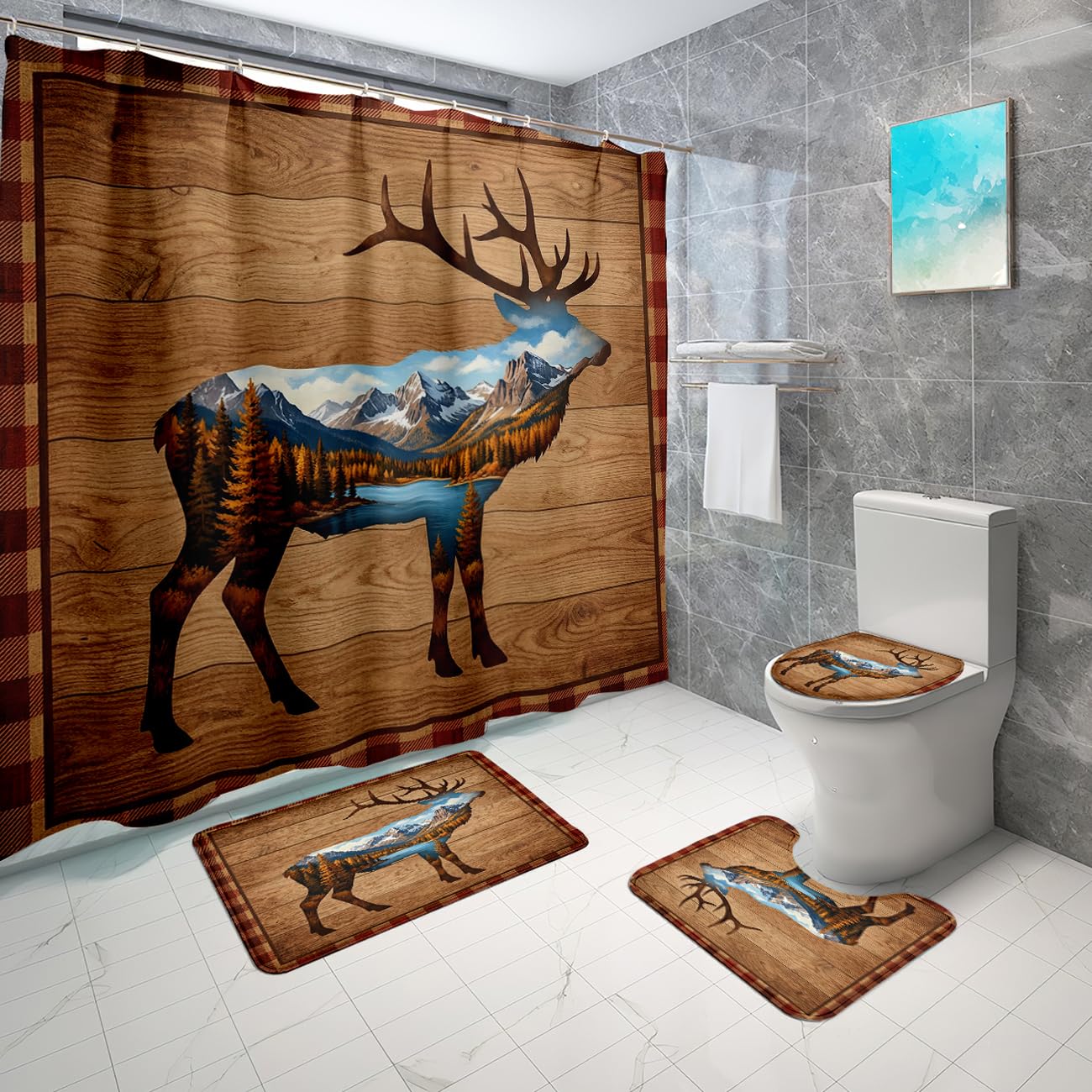 JPSBJWJ 4PCS Deer Shower Curtain Set, Simple Mountain River Forest Wooden Hunting Shower Curtain Set for Cabin Bathroom Decor Bathroom Decor with Toilet Cover and Bath Mat 12 Hooks 70 x 70 Inches