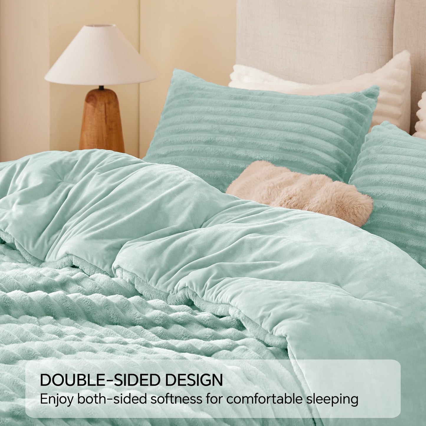 BEDELITE Fleece Queen Comforter Set -Super Soft & Warm Fluffy Light Green Bedding, Luxury Fuzzy Heavy Bed Set for All Season with 2 Pillow Cases