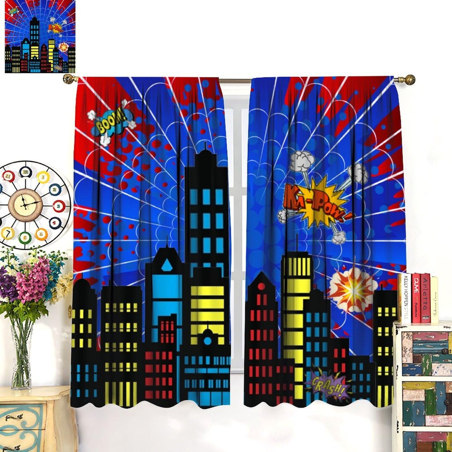 DDCBNS Super City Hero Window Curtains for Kids,Comics Style Super Urban Cartoon Spider Web Window Treatments for Boys Girls Bedroom Nursery Décor Drapes 2 Panel Sets Total Size 42" x 45"