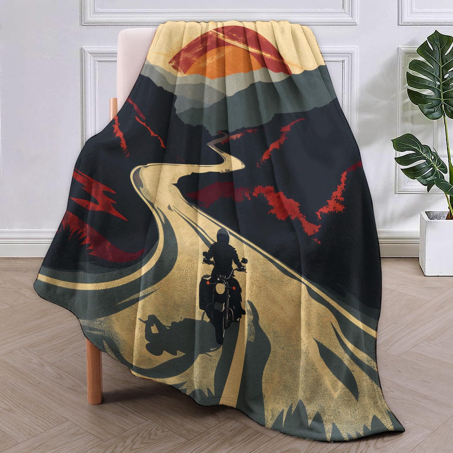 VANZEV Sunset Motorcycle Journey Blanket Gifts for Women, Adventure Road Trip Theme Flannel Blanket, Soft Warm Lightweight Throw Blankets for Bedding Sofa Couch Home Travel Decor 50" x 60"