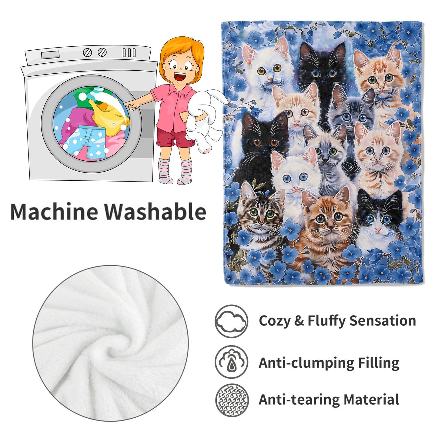 VODRM Cat Blanket Cute Playful Kittens Throw Blankets with Blue Flower,Birthday Gifts for Kids Adult & Animal Lovers,Lightweight Soft Fleece,for Sofa Couch Bed Room Modern Rustic Decor 50x60in