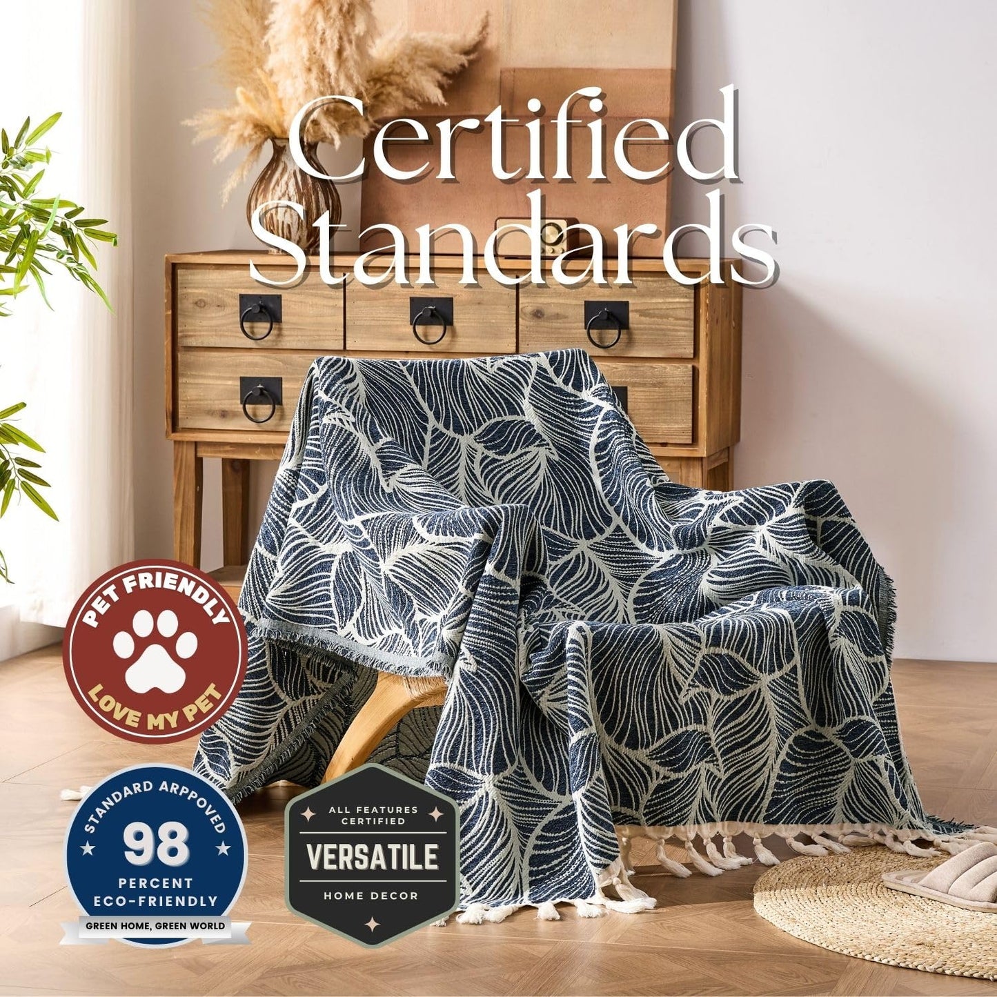 DOWN HOME Chenille Cotton Throw Blanket for Couch, Lightweight Boho Blanket for Bed Sofa Chair Living Room Outdoor Soft Woven Decorative Blanket with Tassel Gift Navy Leaves 55"x60"