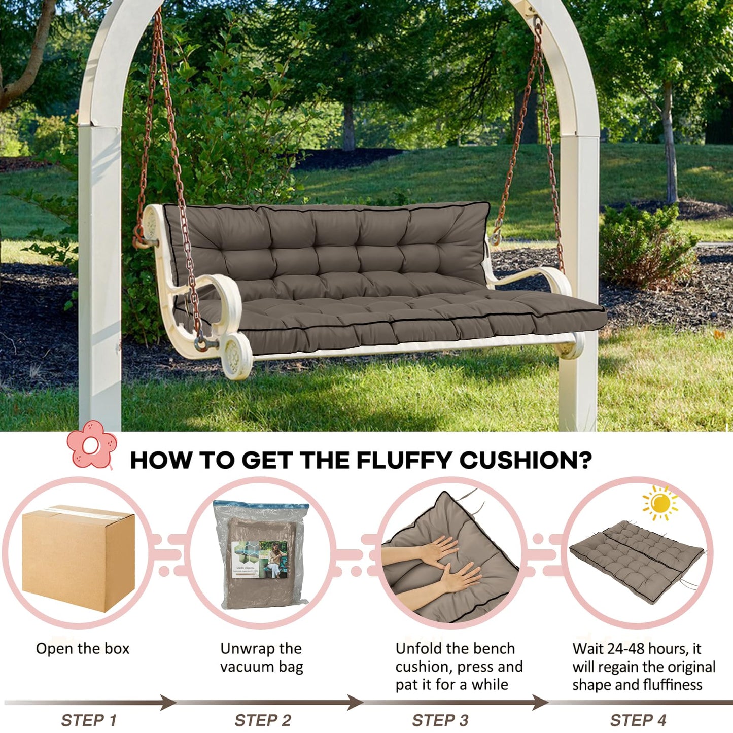 2-3 Seat Swing Replacement Cushion, Outdoor Bench Cushions with Backrest Thicken 4", Patio Furniture Garden Porch Loveseat Glider Pad Anti-Fading Waterproof (Khaki, 40x55in)