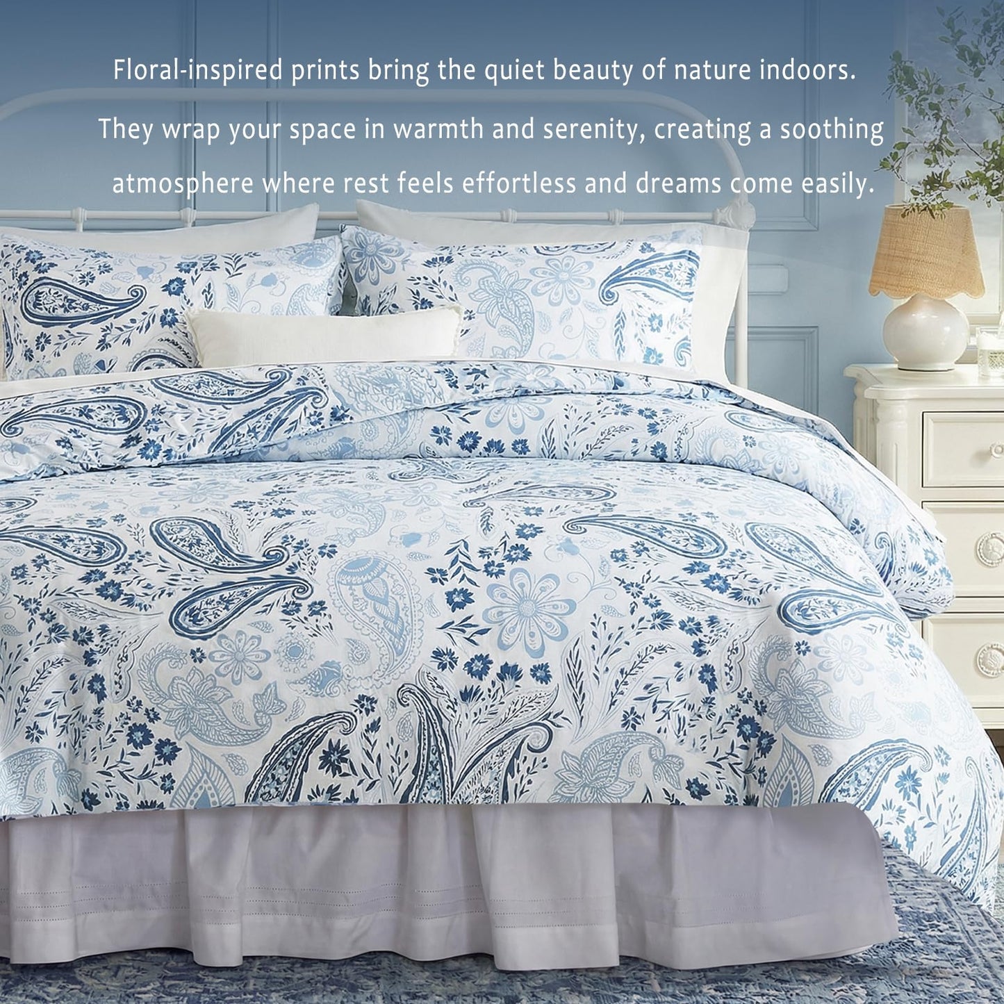Bedorm 100% Cotton Duvet Cover Set Blue Paisley Bedding Set Vintage Paisley Floral Design Boho Chic Bedding 3 Pcs Soft, Breathable & Durable Duvet Cover with Zipper Closure