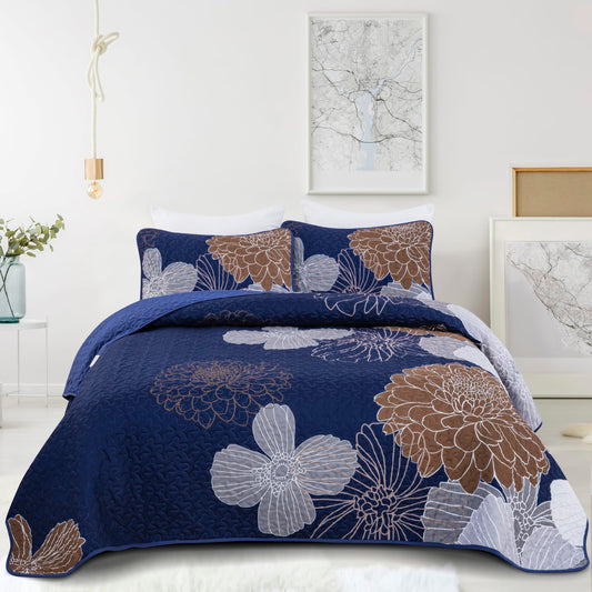Anibedding Floral Bedspread Quilt Set Queen 3 Pieces-Navy Blue Bohemian Floral Quilt Coverlet Set Soft Microfiber Lightweight Quilted Bedspread with Pillow Shams for All Season 96"x90"