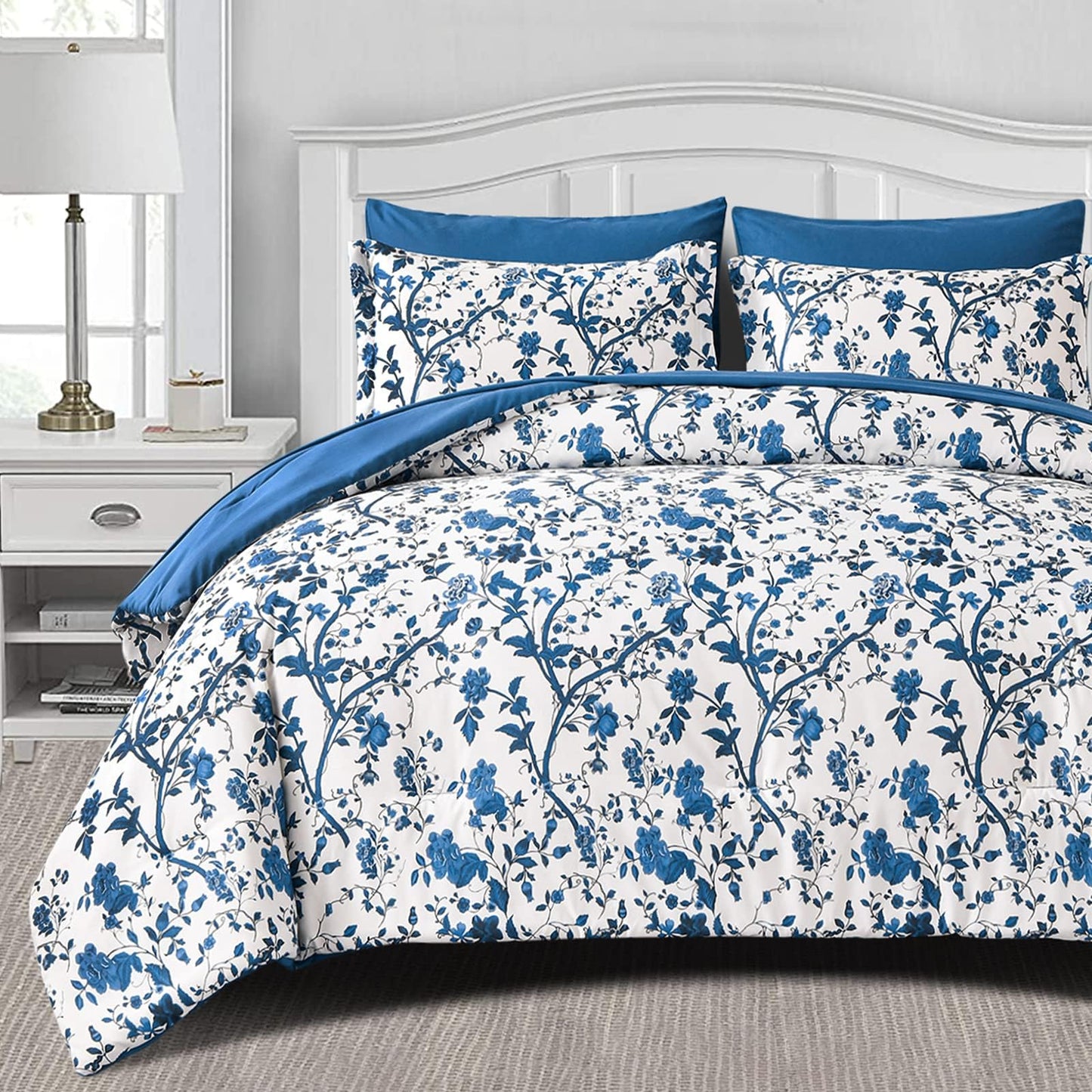 LLDSYW Comforter Set for Queen Bed -7 Pieces Bed in a Bag Soft Microfiber Bed Set Blue Leaves Floral Pattern on White Spring Queen Comforter Sets with Sheets for All Seasons (Queen, Blue)