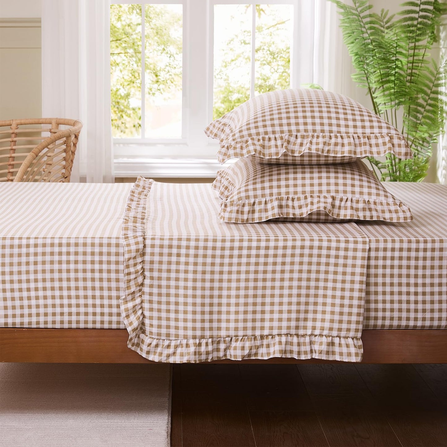 kisswish Gingham Full Sheet Set, Lightweight Super Soft Brushed Microfiber Plaid Bed Sheets with 16" Deep Pocket, 4 Piece Ruffle Farmhouse Bedroom Decor, Taupe