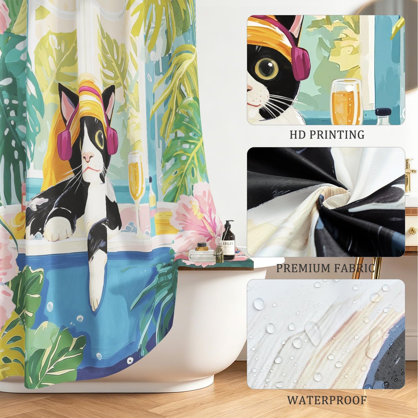 GICDSU Funny Cat Shower Curtain Boho Cute Black Cats Shower Curtain for Bathroom Pink Tropical Matisse Kitten Plam Tree Bath Curtains with Hooks Waterproof Fabric Bathtub 72x72 Inch