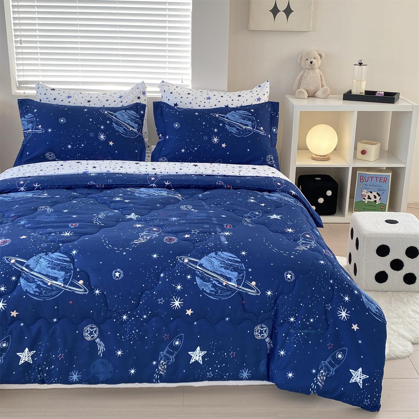 Gusuhome 7 Piece Boys Space Comforter Set Twin Size Bed in A Bag Star Rocket Galaxy Universe Planets Bedding Set for Kids Teens Girls Microfiber Blue Quilt All Season