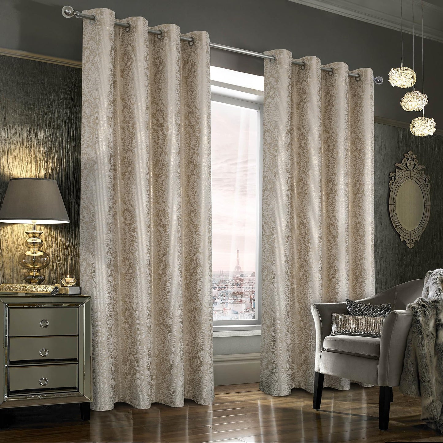 always4u 100% Blackout Damask Foil Print Natural and Gold Ridged Velvet Curtains 84 Inches Long Drapes 2 Panels Shiny Metallic Window 54 * 84 Inches
