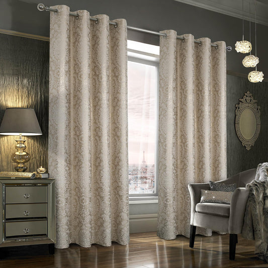 always4u 100% Blackout Damask Foil Print Natural and Gold Ridged Velvet Curtains 84 Inches Long Drapes 2 Panels Shiny Metallic Window 54 * 84 Inches