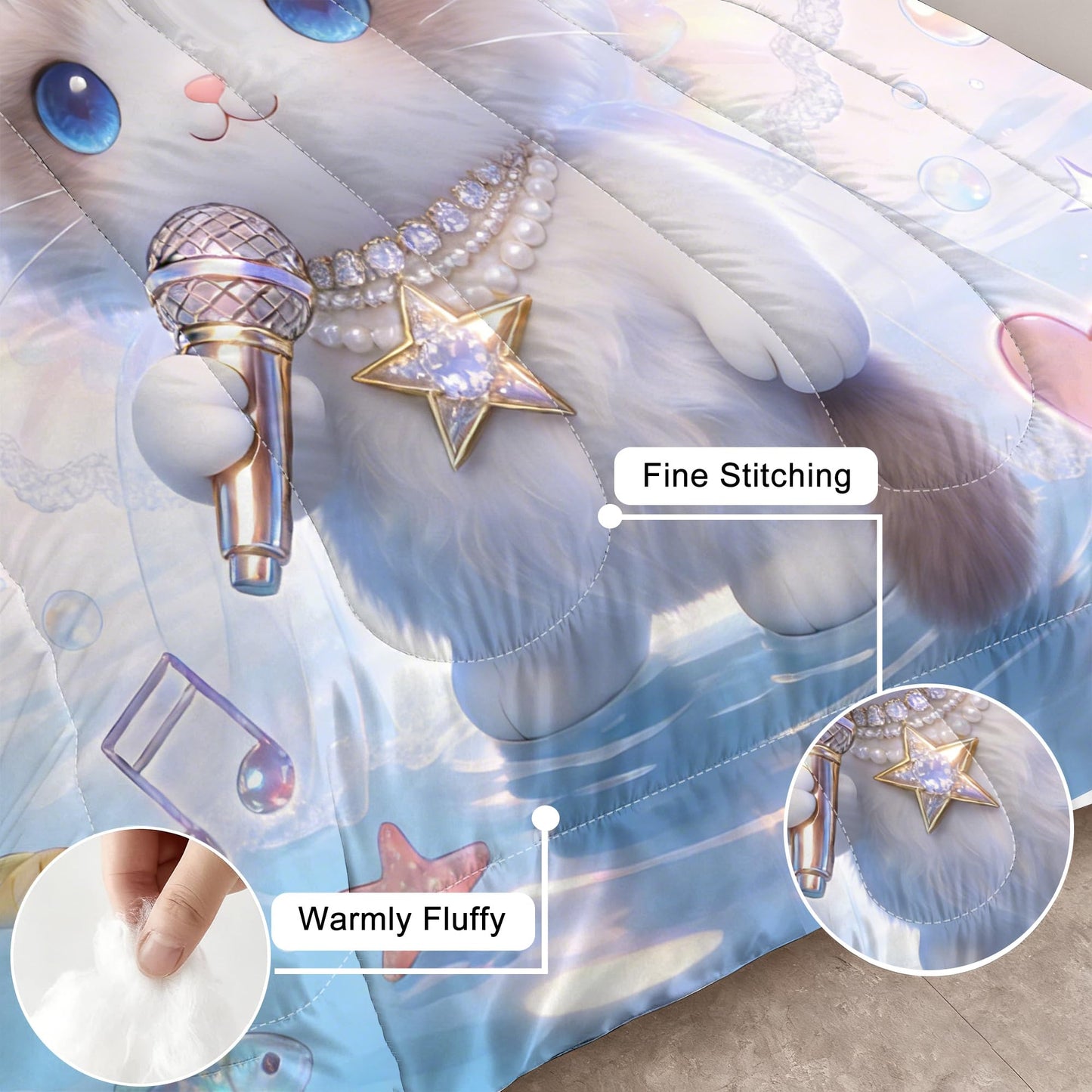 VTKON 3D Cat Bedding Set Twin Size for Girls Kids Teens Soft Kitten Pink Blue Comforter Set Cute Ragdoll Cat Print Pattern Bed Set Singing Angel Animal Quilt Set with 1 Comforter + 1 Pillow Case