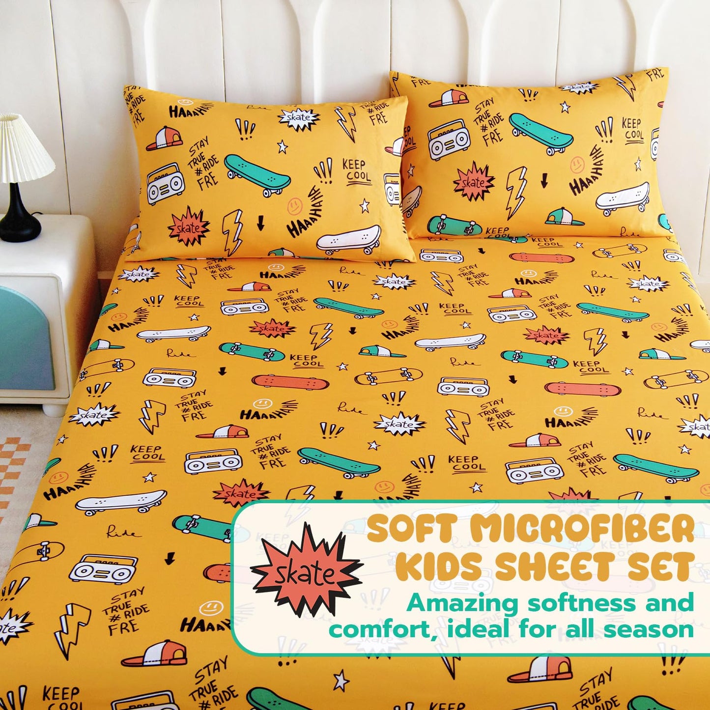 Homilay Full Sheet Set Kids - Skating 4 Pieces Soft Microfiber Cartoon Style Bedsheets for Boys Girls Teens, Oeko TEX Breathable 15 Inch Deep Pocket Sheets(Street)