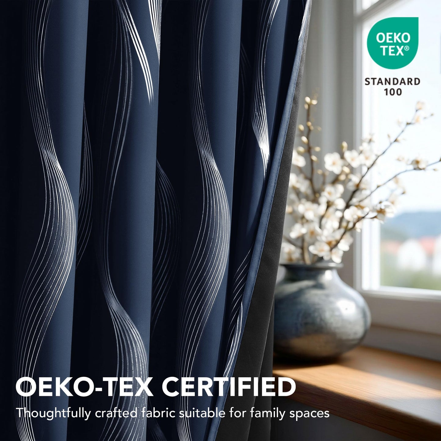Deconovo Silver Foil Wave Pattern Total Blackout Curtain Panels, Living Room Curtains, White Grommet Top, 2 Panels Set, 52W x 84L, Navy Blue