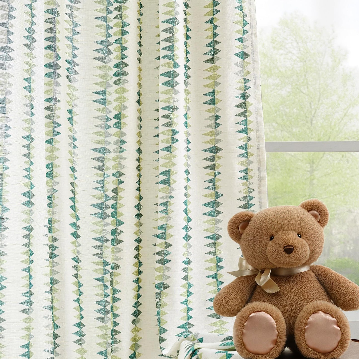 jinchan Linen Nursery Curtains for Living Room Boho Curtains for Bedroom Kids Room 63 Inches Long Geometric Printed Farmhouse Drapes Rod Pocket Window Treatment Curtain Set of 2 Panels Green