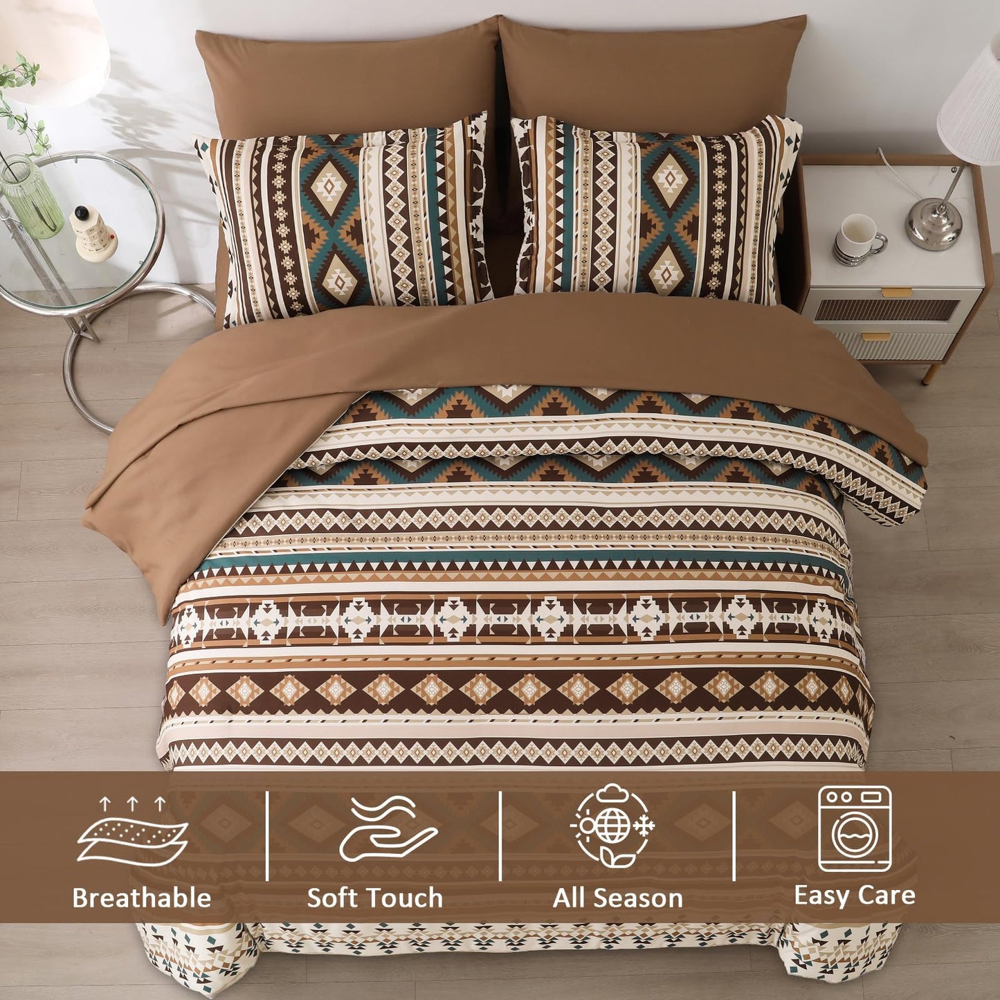 Dinjoy Brown Boho Comforter Set Queen Size,7 Pieces Bed in a Bag Queen Coffee Aztec Bedding Sets with Sheets Bohemian Geometric Striped Complete Set for All Season 90"x90"