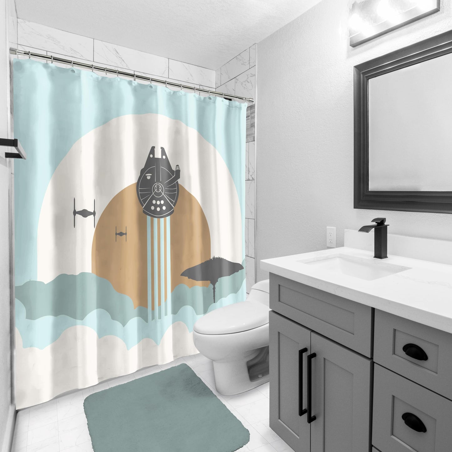 Jay Franco Star Wars Shower Curtain - Licensed Bathroom Décor for Kids or Teens with Millennium Falcon - 70 x 72 Inch Washable Fabric Curtain