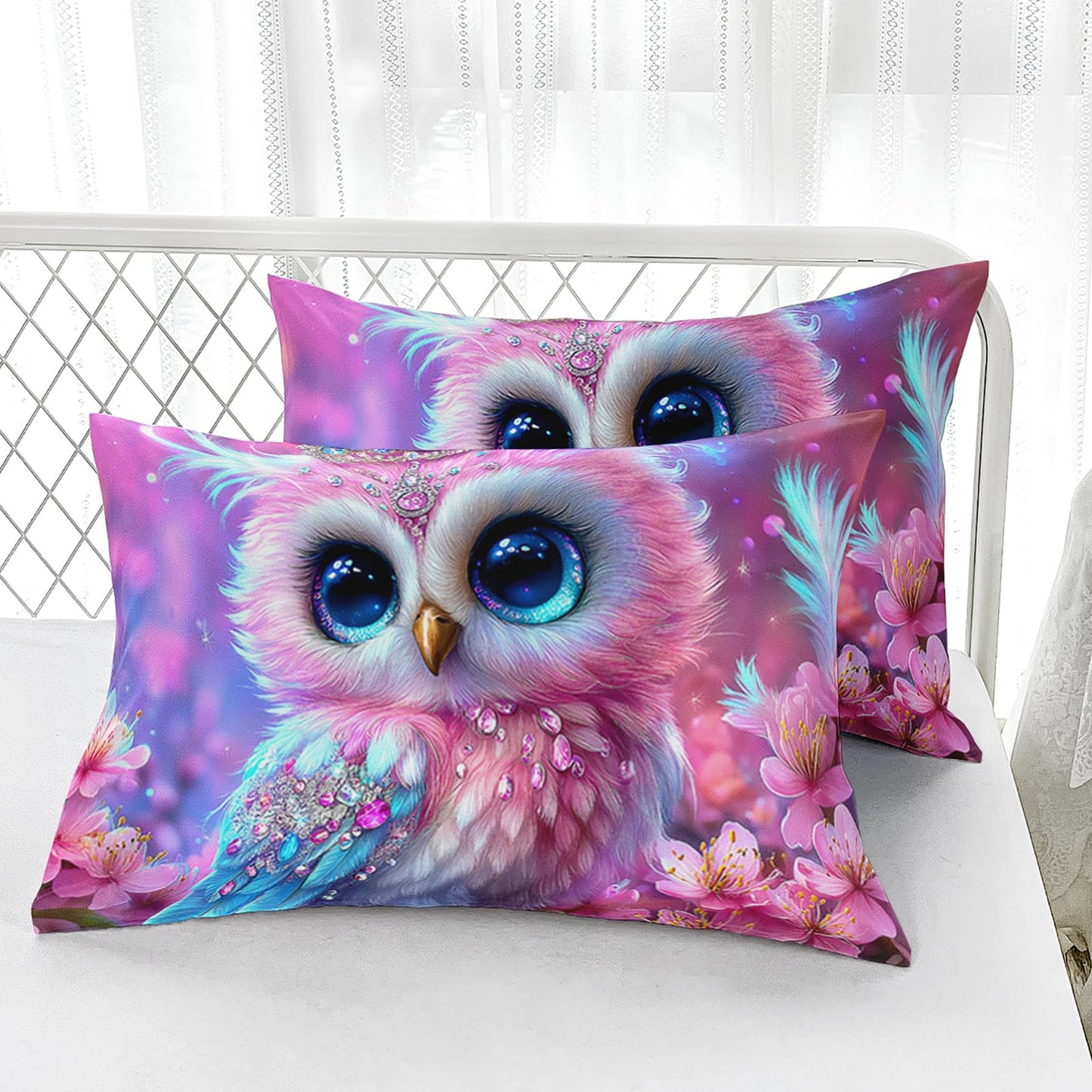 AILONEN Pink Kawaii Owl Fitted Sheet Set Twin XL Size for Girls,Beautiful Floral Bird Fairy Kids Soft Deep Pocket Sheet with 2 Pillowcases,3Pcs Soft Microfiber