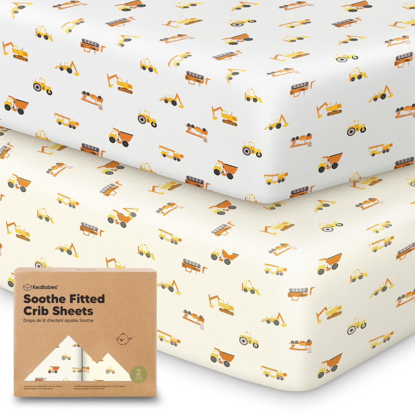 KeaBabies 2-Pack Organic Cotton Crib Sheets for Boys, Girls - 52x28 Fitted Crib Mattress Sheet Neutral, Breathable Cover for Baby Bed Set, Toddler Mattress, Soft & Cute Prints (Construction)