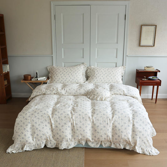 BuLuTu 100% Cotton Muslin Duvet Cover Queen Blue Floral Bedding Set 3 PC, Cottage Core Ruffles Comforter/Quilt Cover Queen with 2 Pillow Cases, Fressia Pattern, Soft Lightweight